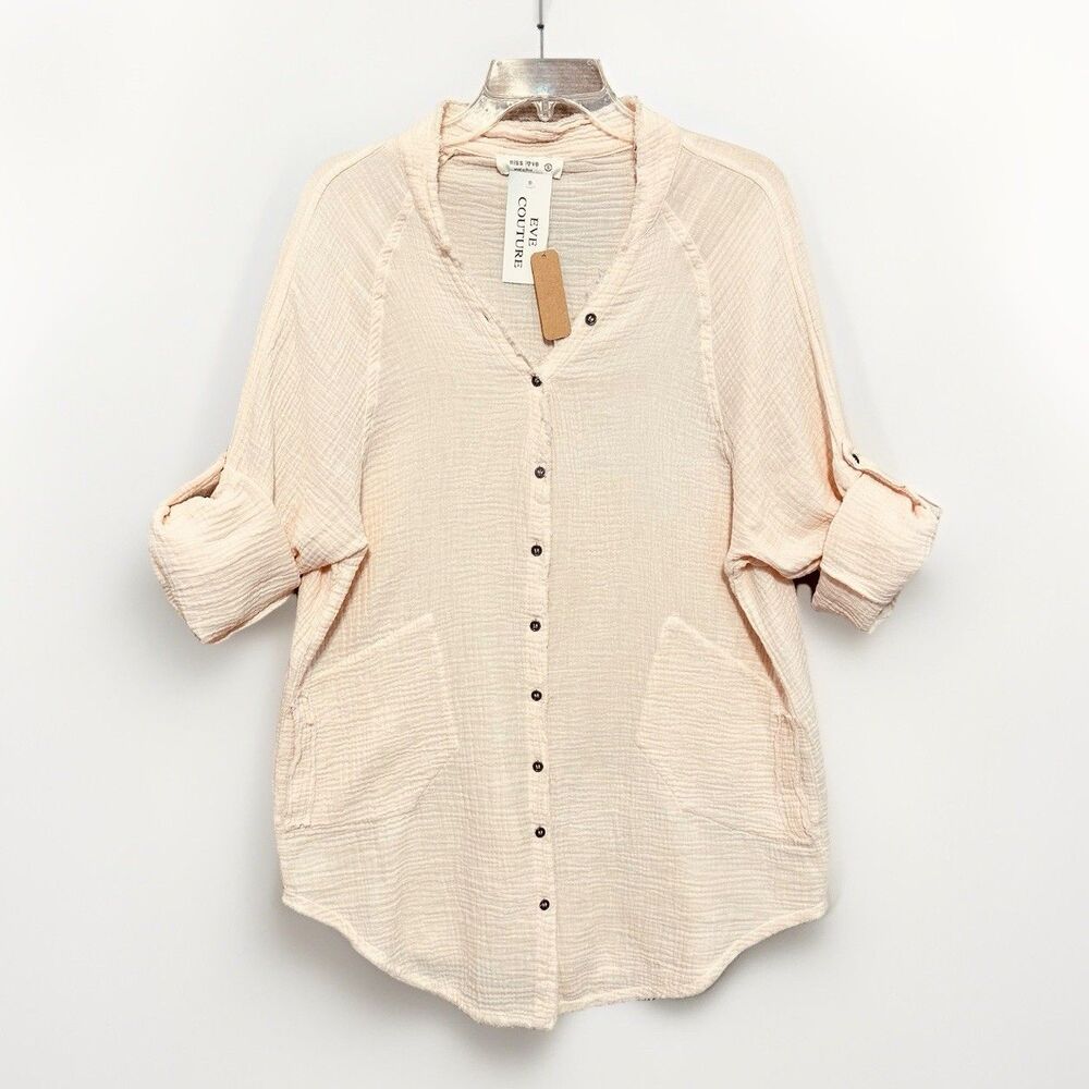 Miss Love Cotton Gauze Top Beachcomber Raw Hem Button Womens Small Oversize